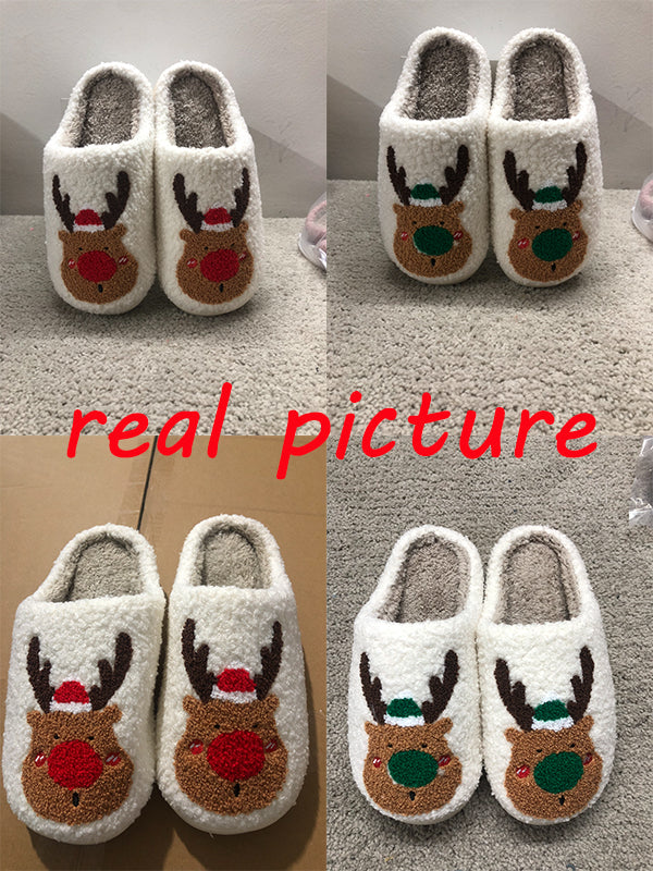 Cozy winter house slippers featuring a cute elk character