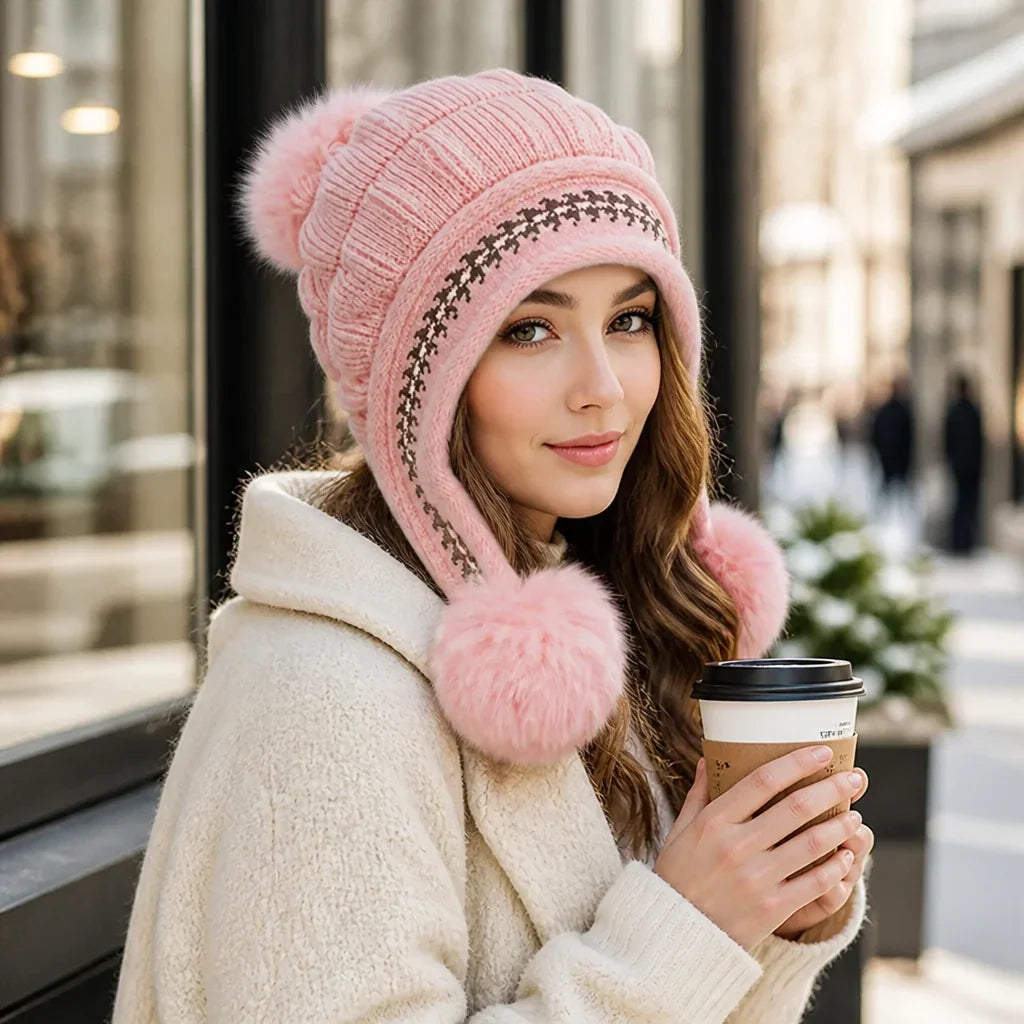 Beanie earflaps provide warm coverage around the ears