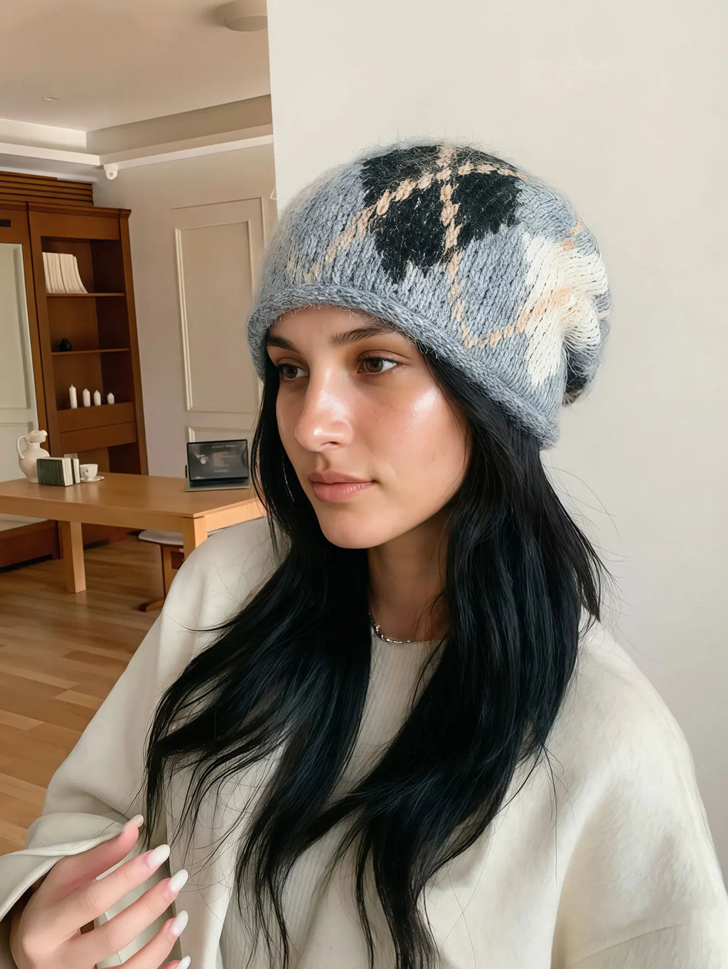 Earflap knit hat styled for comfortable outdoor winter wear