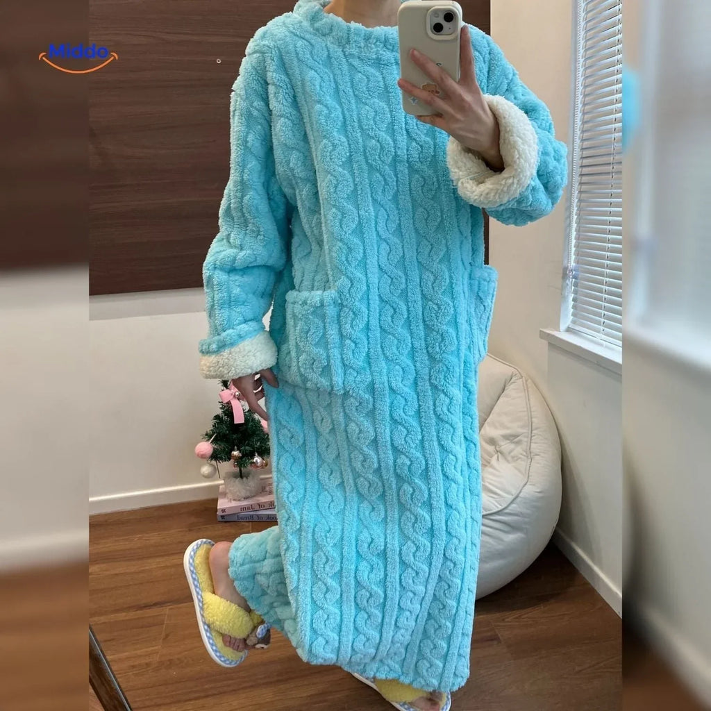 Front view of a soft blanket dress with convenient pockets