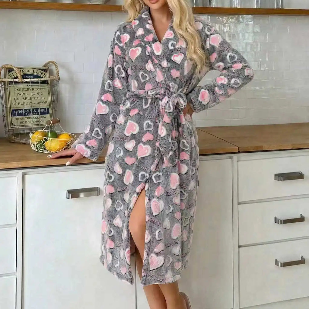 Side view of a women's flannel robe with a relaxed fit