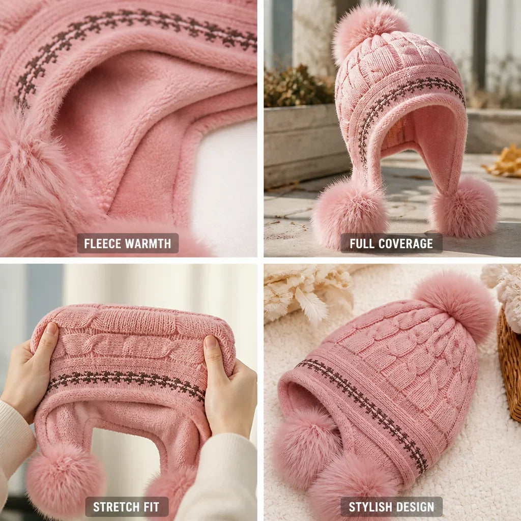 Back view of the fleece-lined beanie and pom-pom