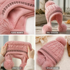 Back view of the fleece-lined beanie and pom-pom