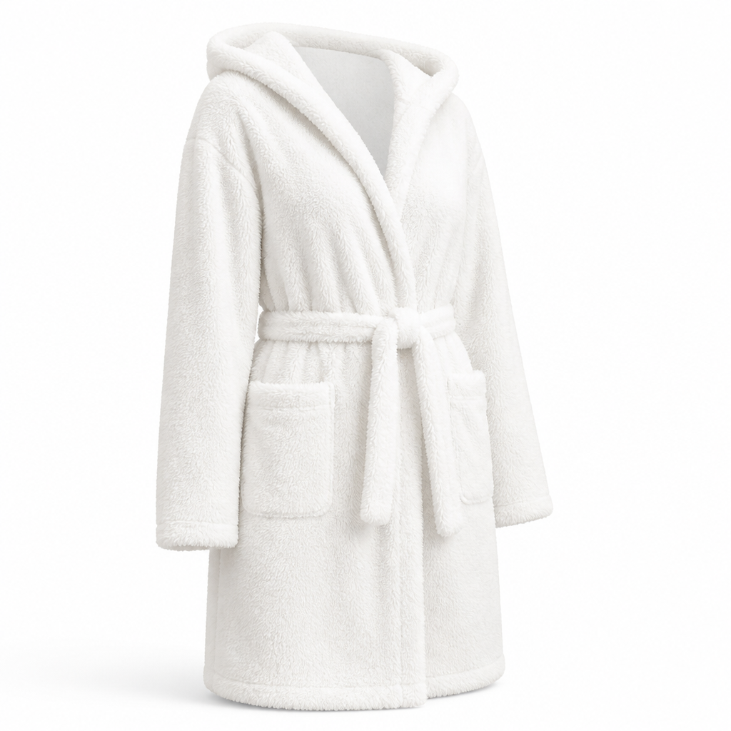 Women's hooded fleece bathrobe shown in a knee-length design