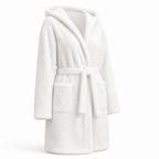 Women's hooded fleece bathrobe shown in a knee-length design