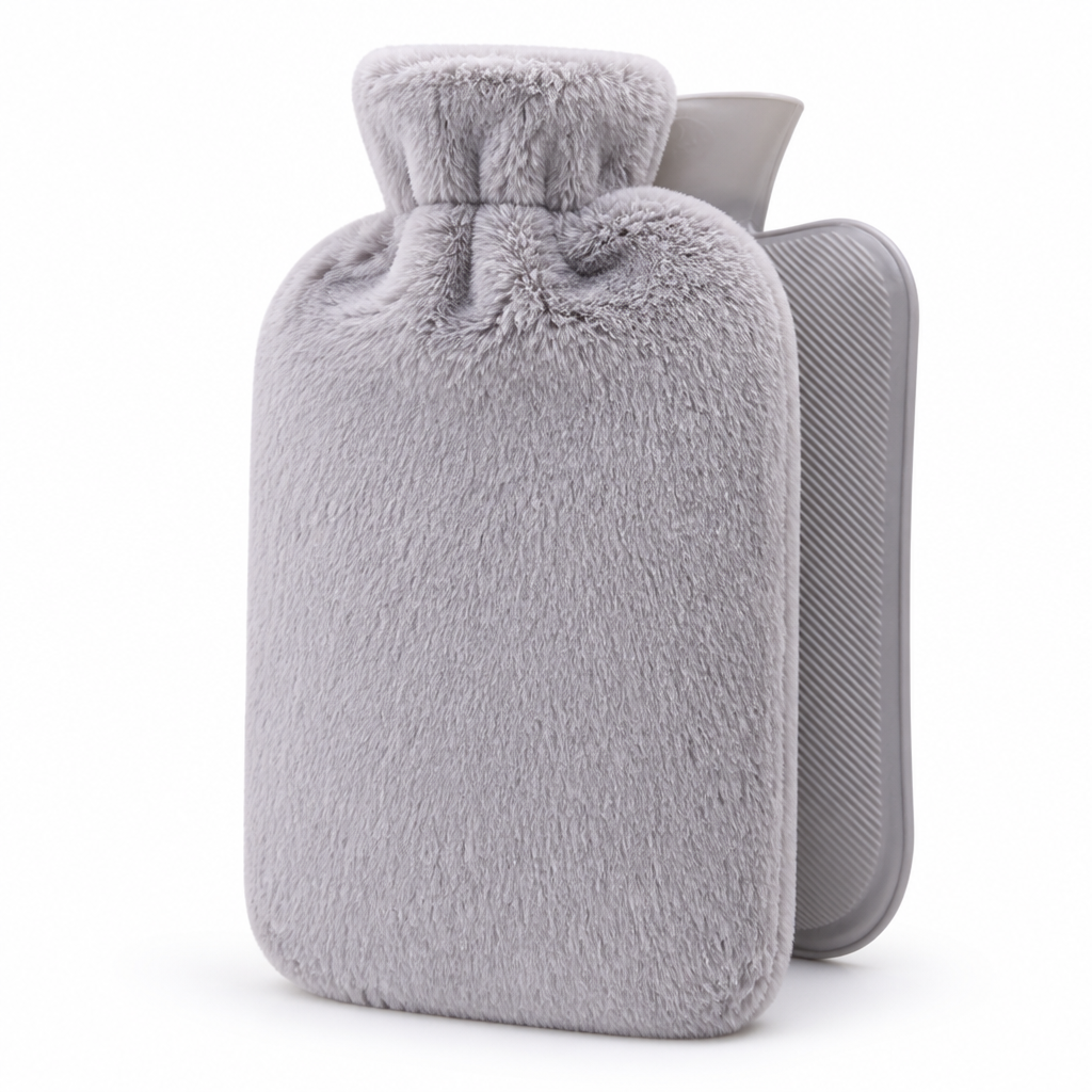 Hot water bottle with a soft plush cover and fleece sleeve