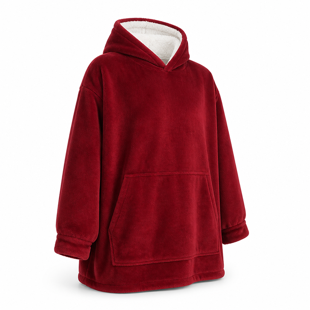 Fleece-lined wearable blanket hoodie shown from the front