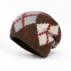 Knit earflap beanie with a diamond pattern shown from the front