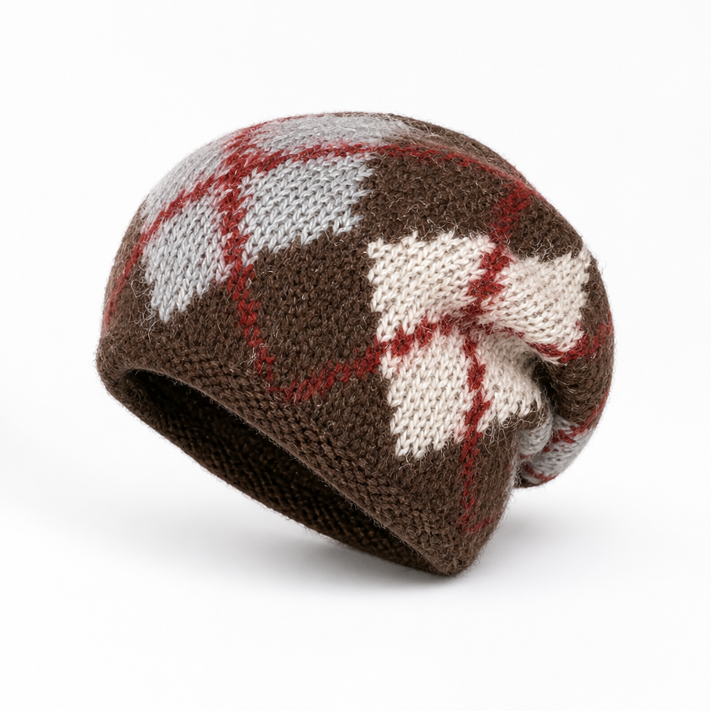 Knit earflap beanie with a diamond pattern shown from the front