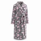Women's calf-length flannel robe displayed with its adjustable belt