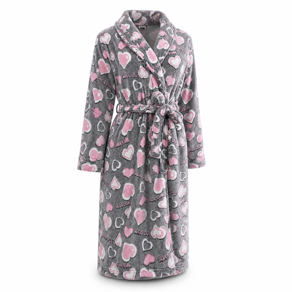 Women's calf-length flannel robe displayed with its adjustable belt