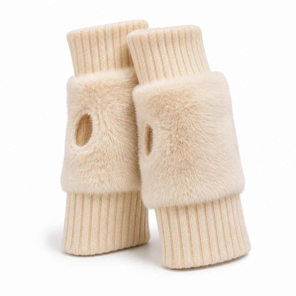 Fingerless touchscreen gloves with fleece-lined cuffs shown from the front