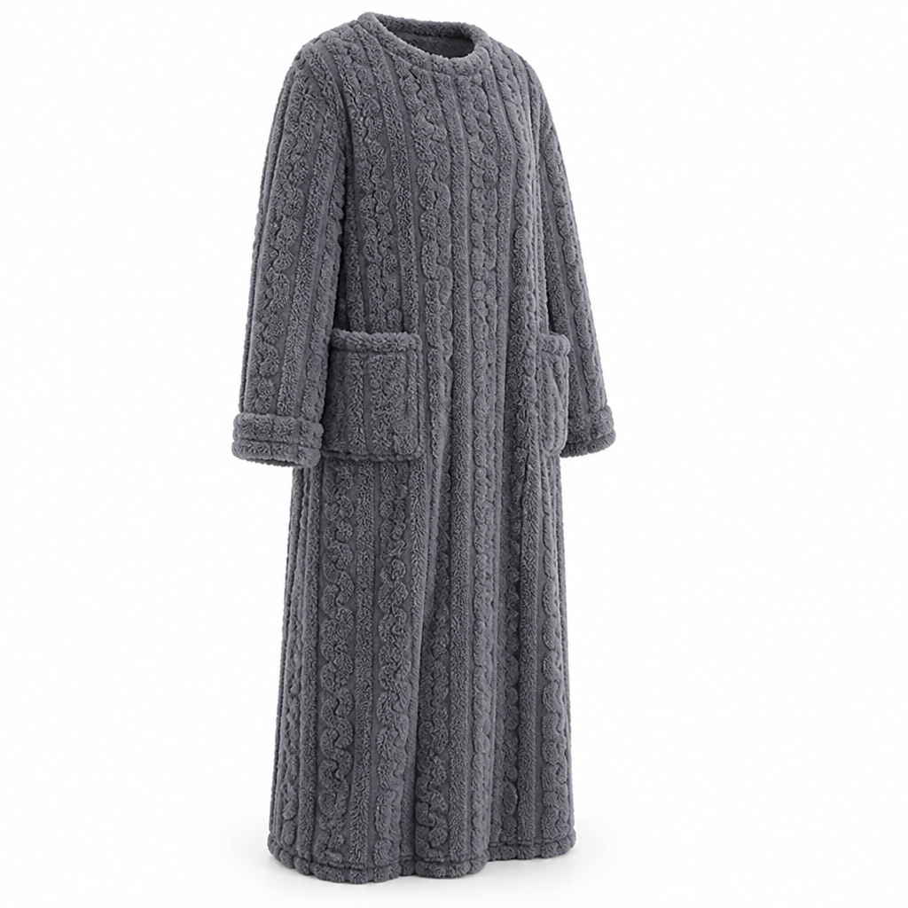 Woman wearing a cozy fleece blanket dress with front pockets