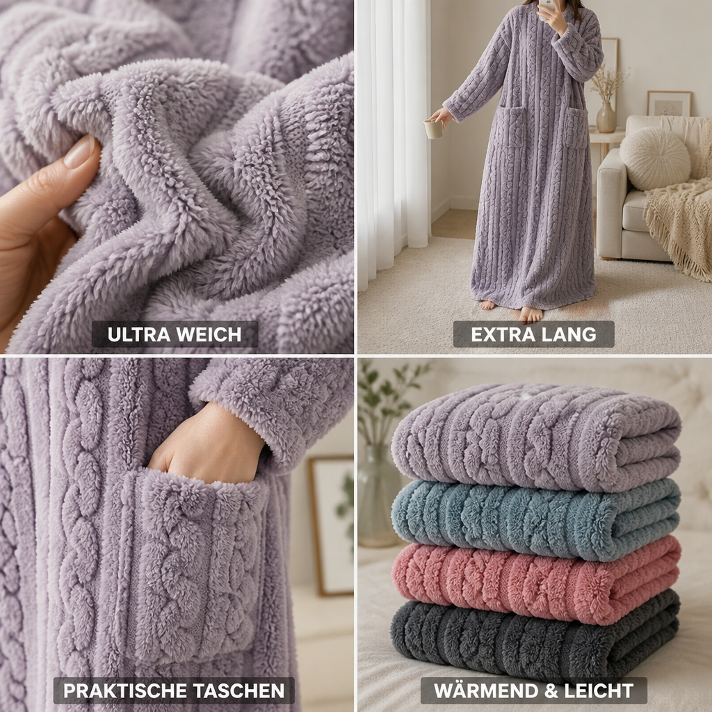 Ankle-length women's fleece blanket dress shown from the front