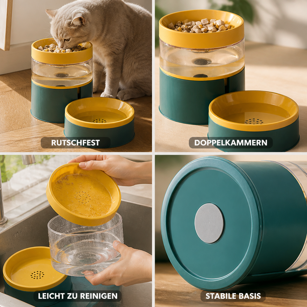 Two-compartment cat bowl for food and fresh water