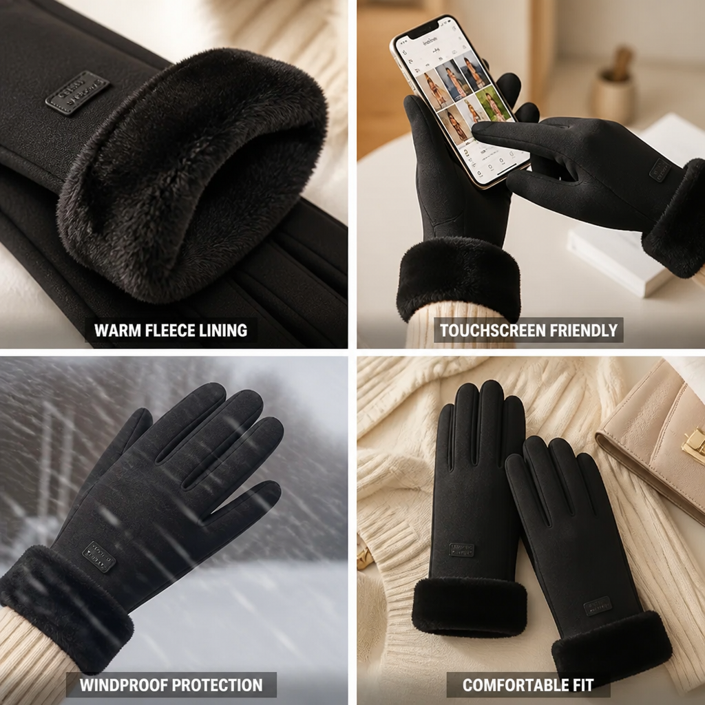 Pair of warm fleece-lined gloves designed for cold winter weather