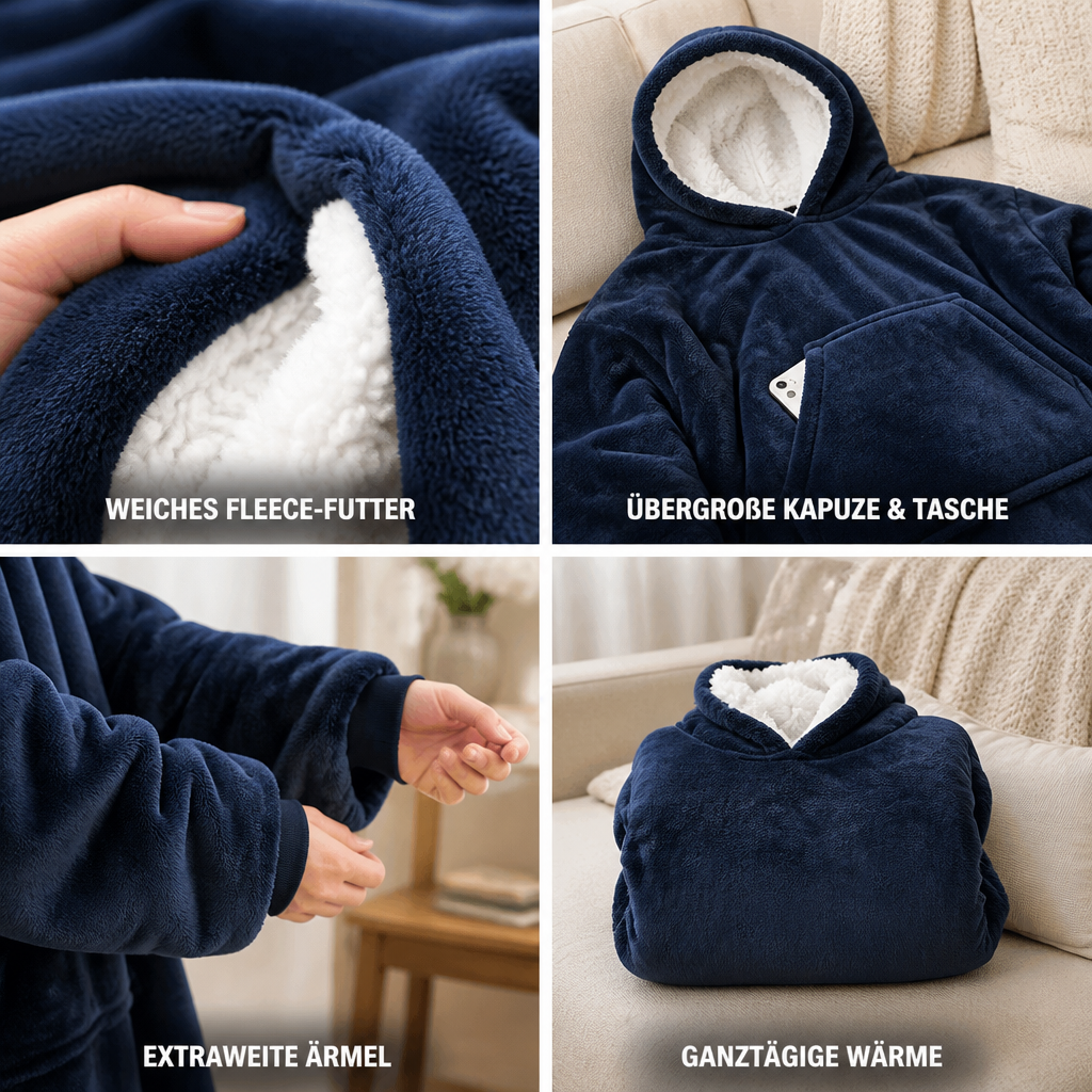 Cozy hooded wearable blanket sweatshirt with fleece lining