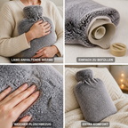Reusable hot water bottle shown with its plush protective cover