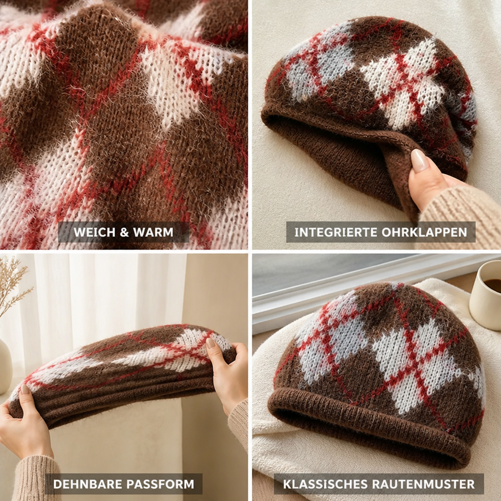 Close-up of the diamond pattern on a knit earflap beanie