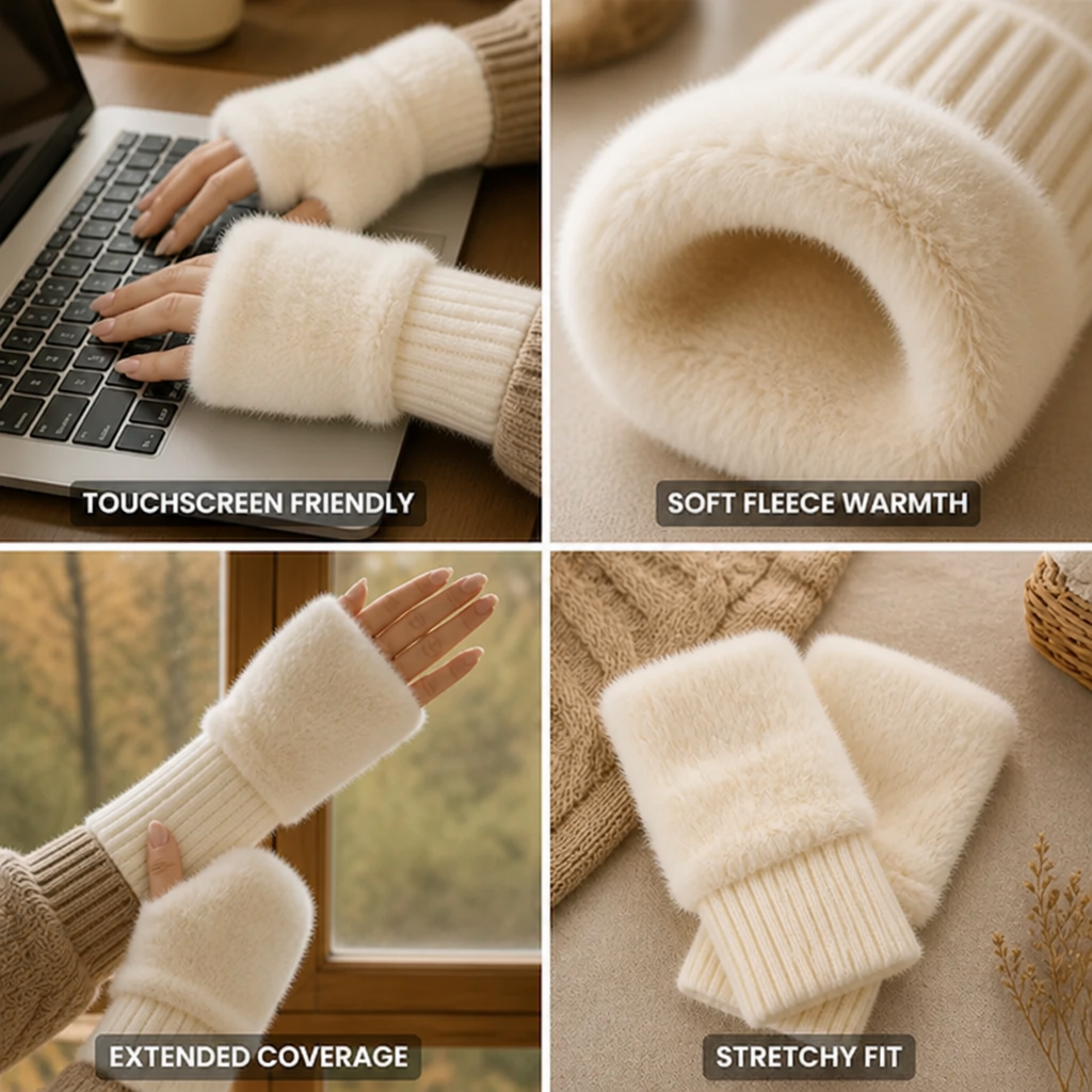 Close-up of fingerless gloves with soft fleece-lined cuffs
