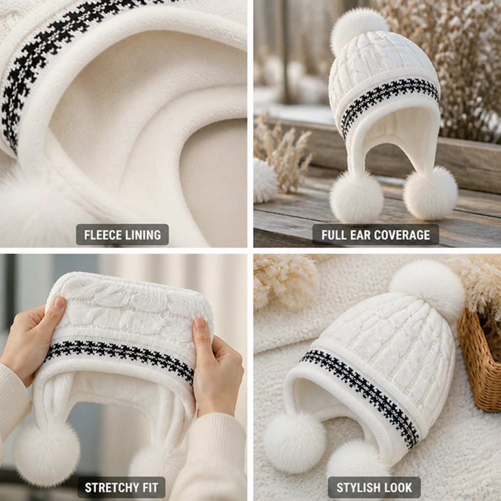 Close-up of the beanie's cable-knit texture and pom-pom
