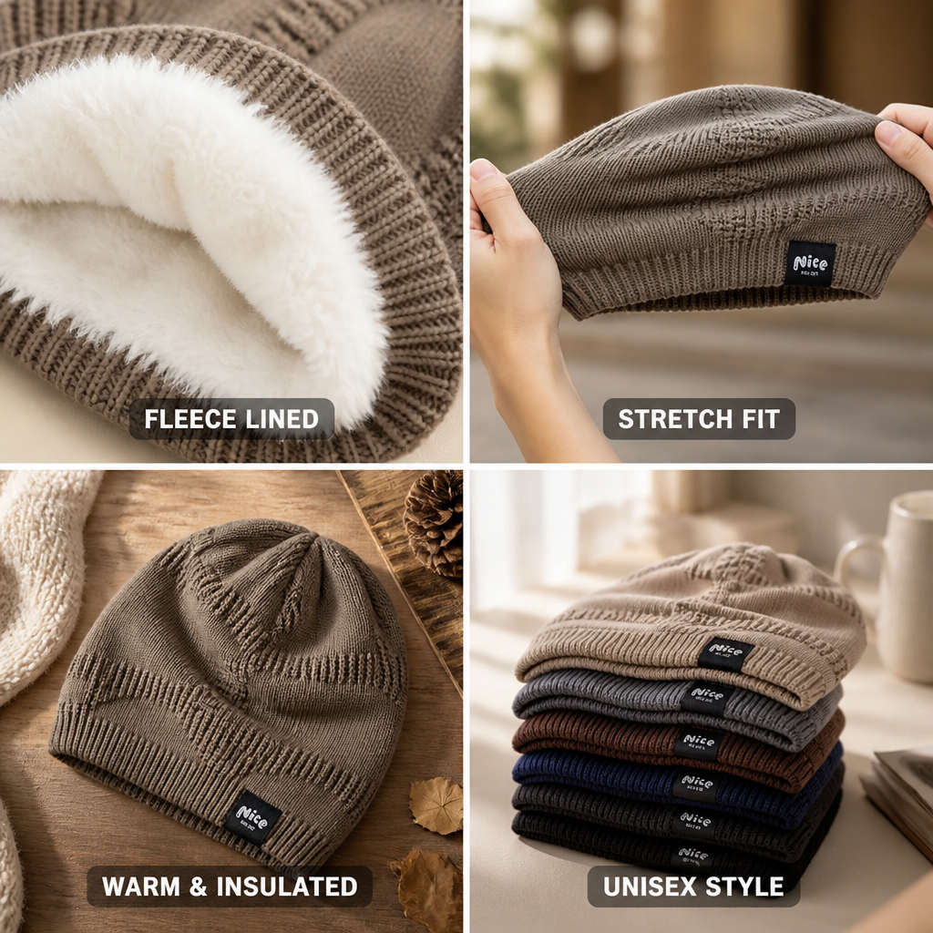 Close-up of the knit texture on a fleece-lined winter beanie