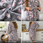 Front view of a women's flannel robe with a full calf-length design