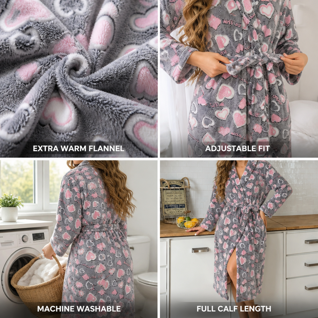 Front view of a women's flannel robe with a full calf-length design