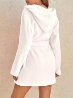Knee-length fleece robe with a hood and waist tie
