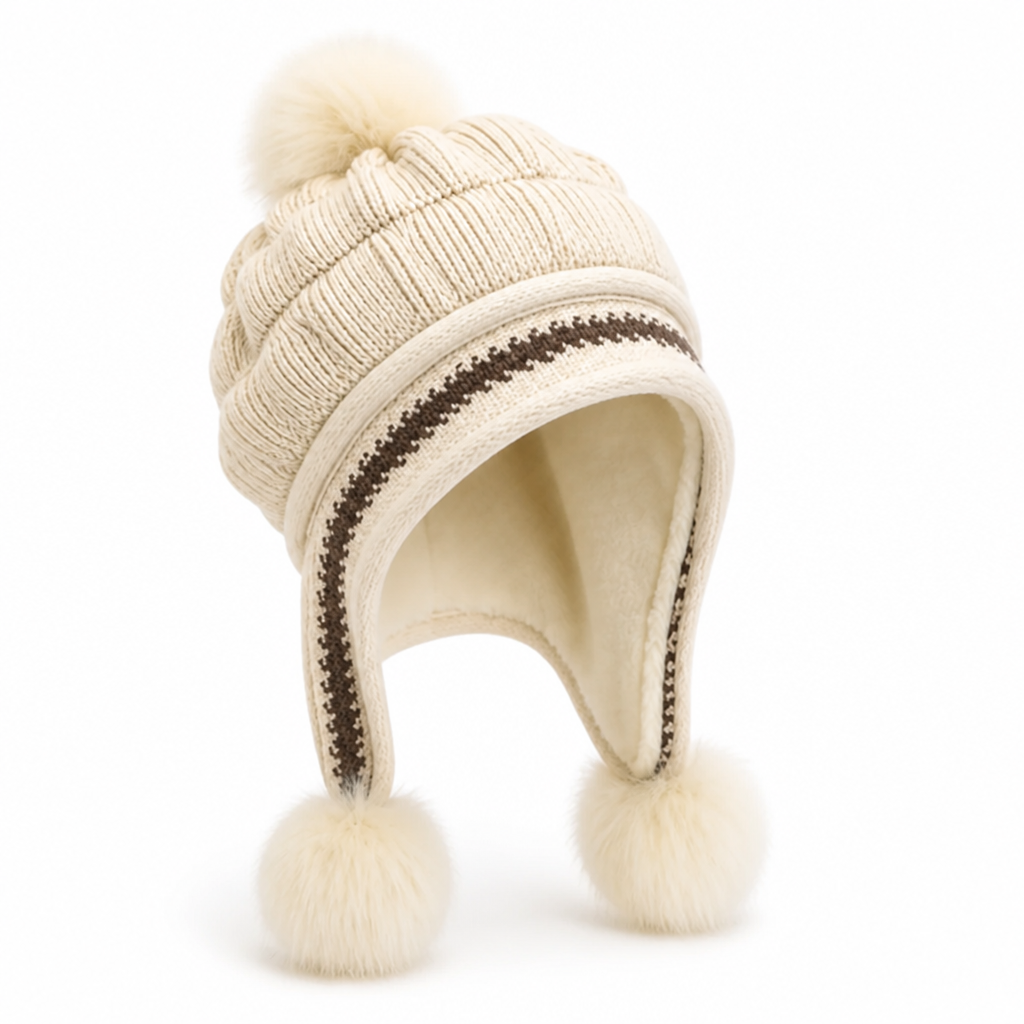 Women's Fleece-Lined Earflap Beanie With Pom-Pom