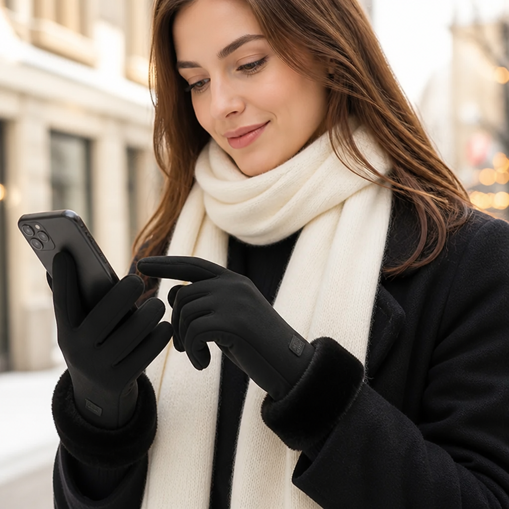 Women's gloves with touchscreen tips for using smartphones outdoors