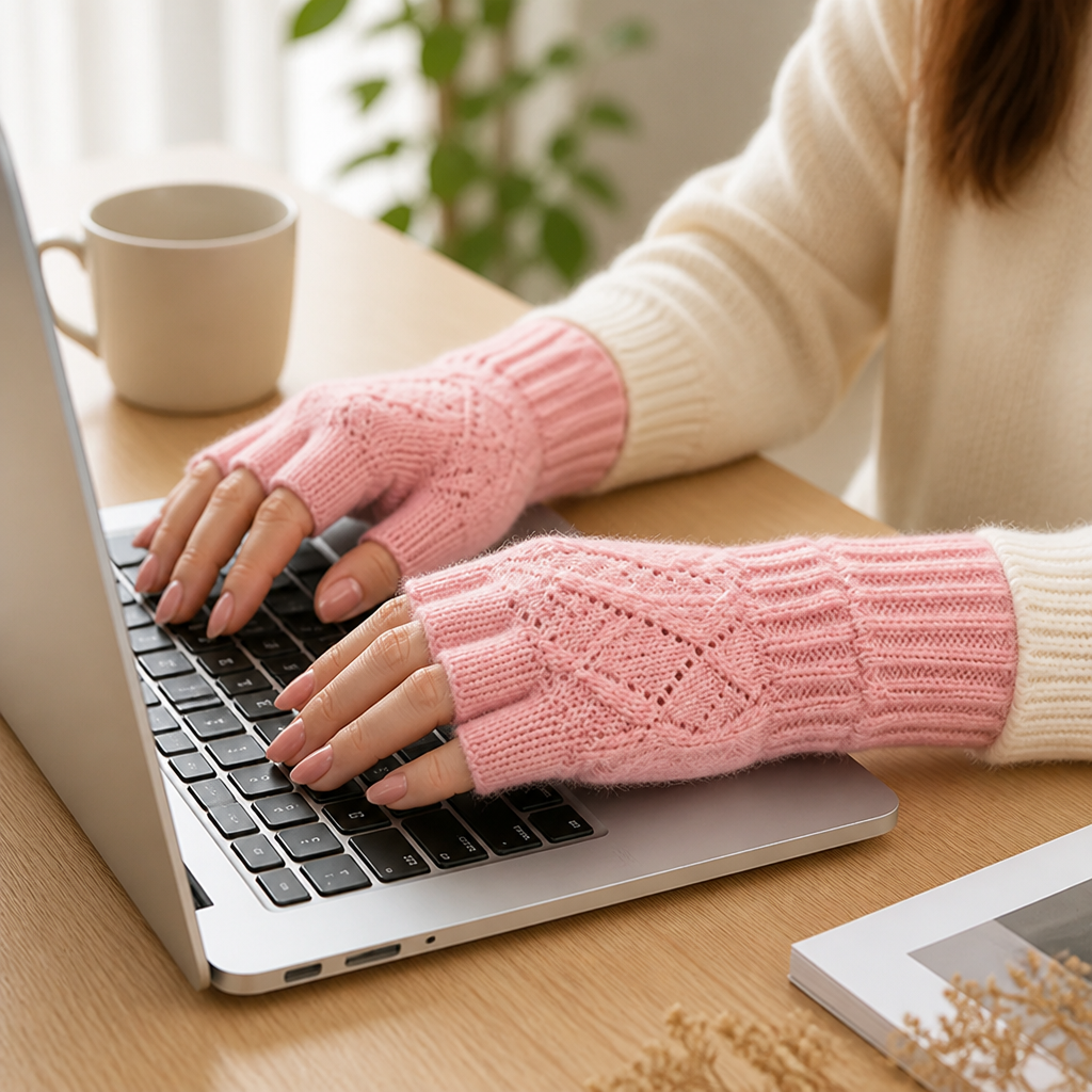 Close-up of the gloves' soft knitted acrylic texture