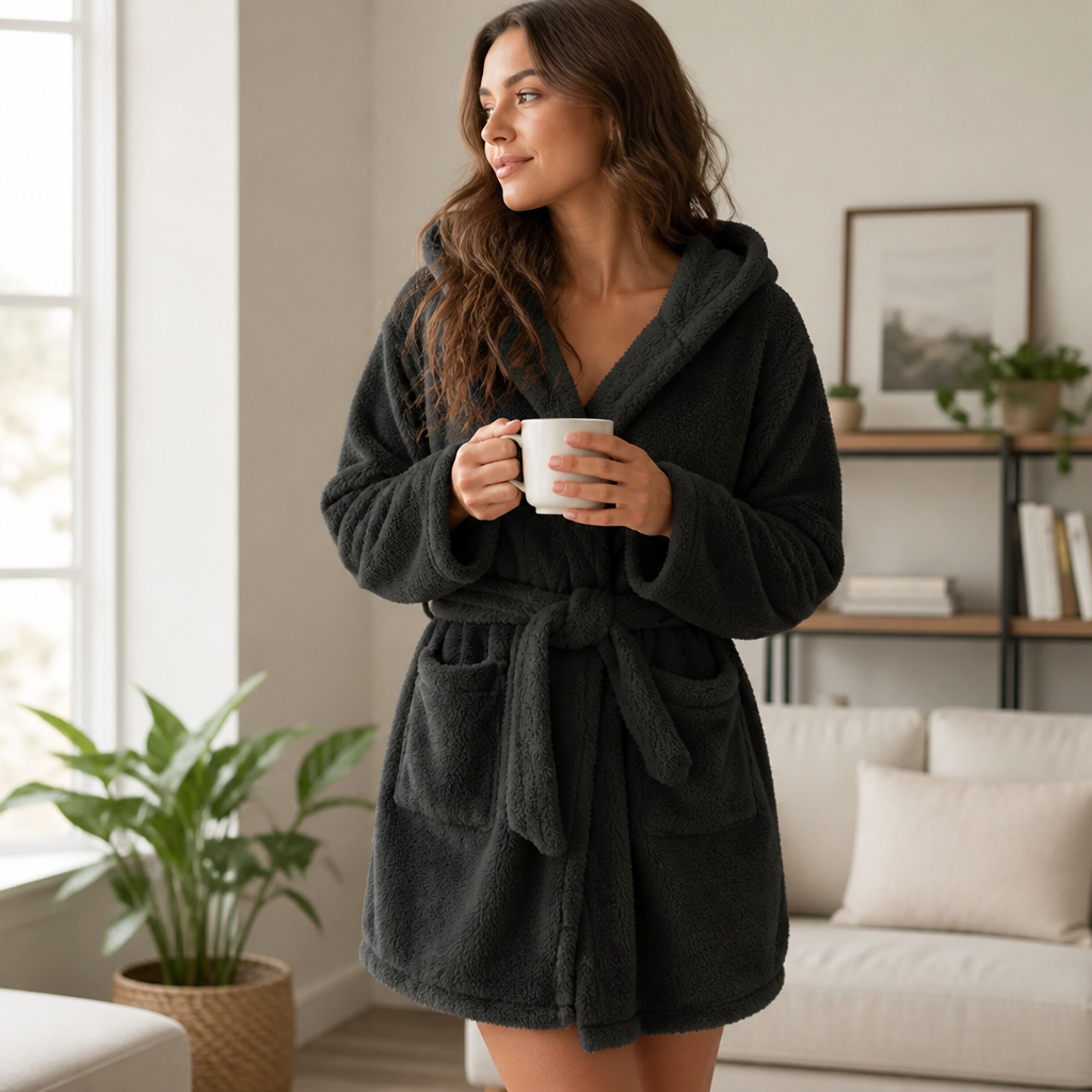 Knee-length women's robe with a comfortable hood