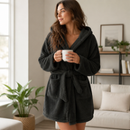 Knee-length women's robe with a comfortable hood