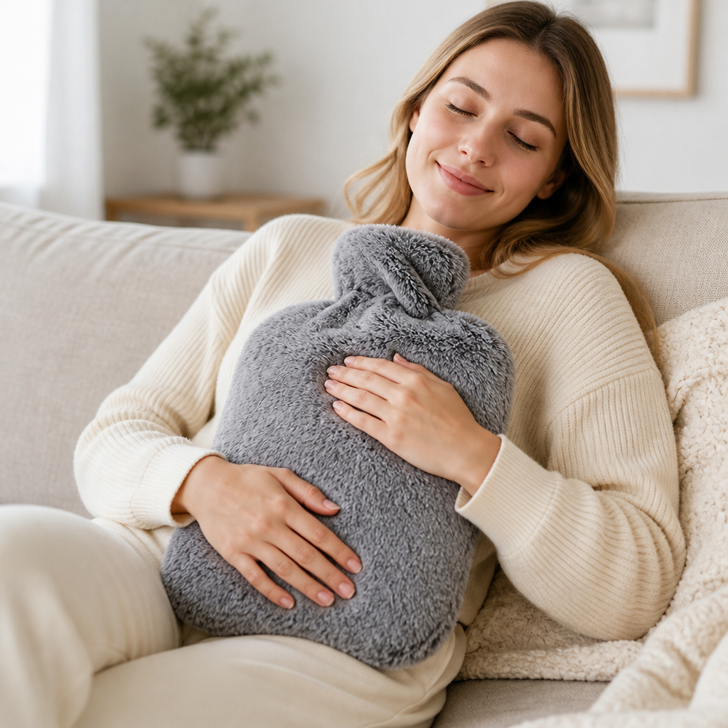 Hot water bottle and fleece sleeve arranged together