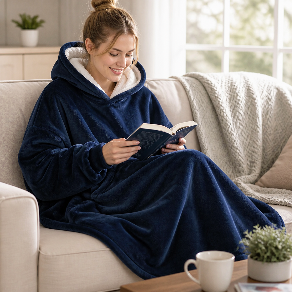Wearable blanket hoodie featuring a roomy hood