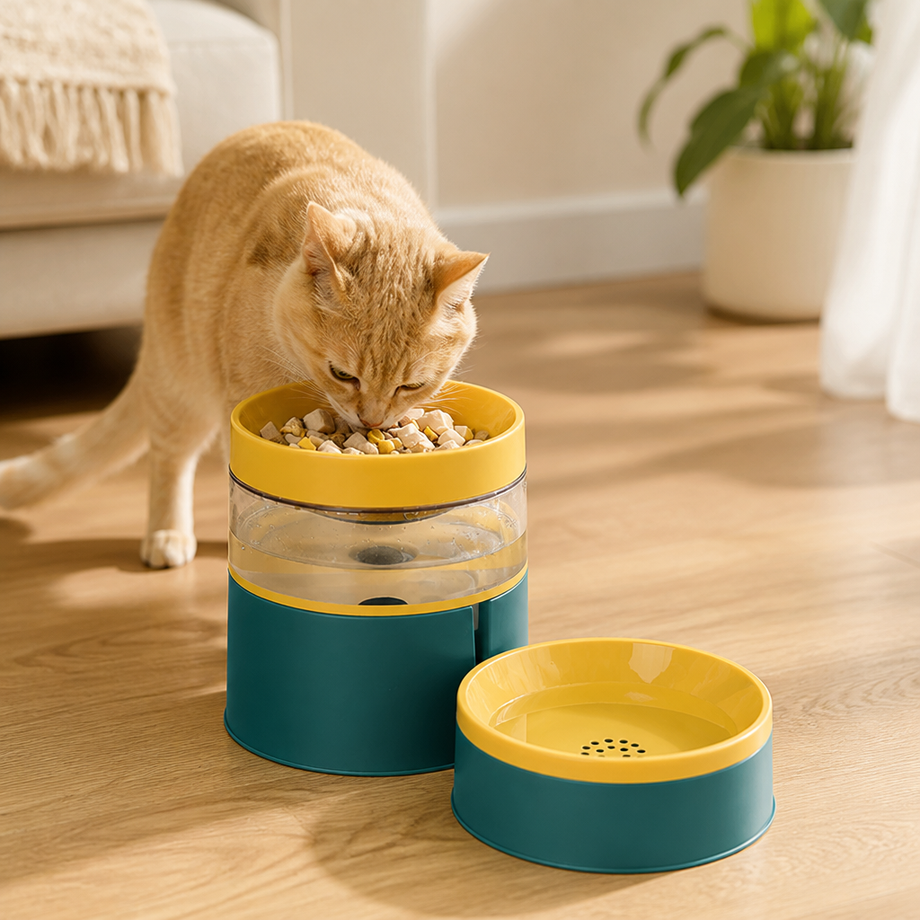 Cat food and water bowl viewed from above