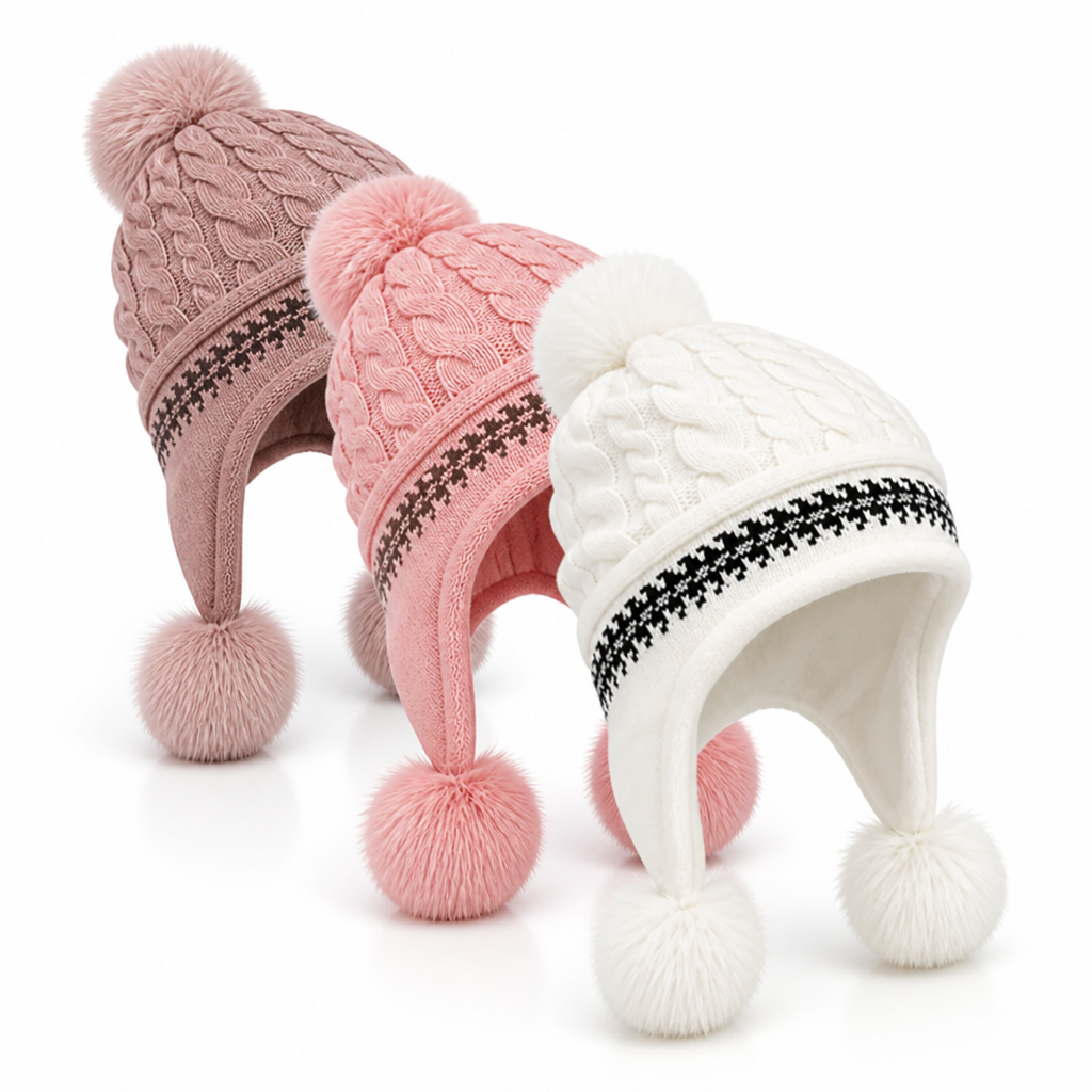 Side view of a cozy earflap beanie with braided knit detail