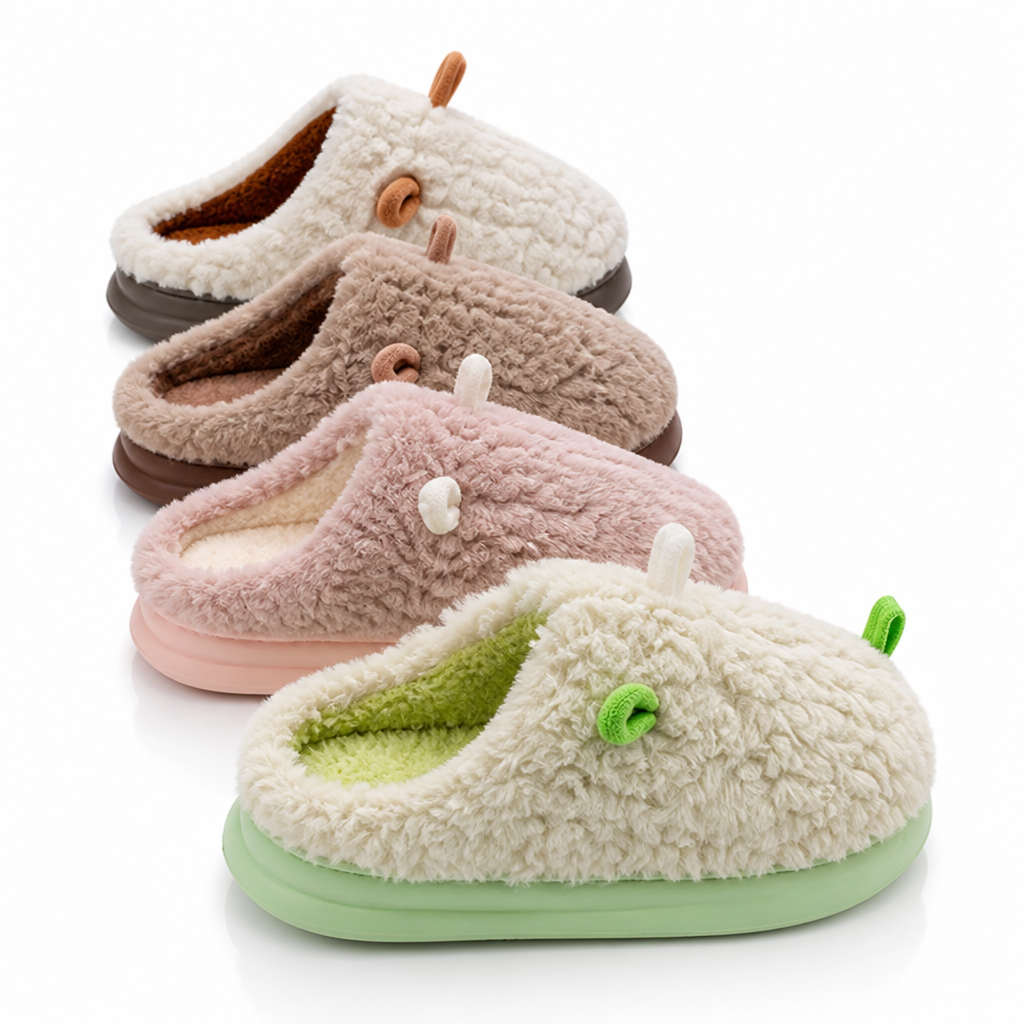 Plush indoor slippers featuring a secure non-slip sole