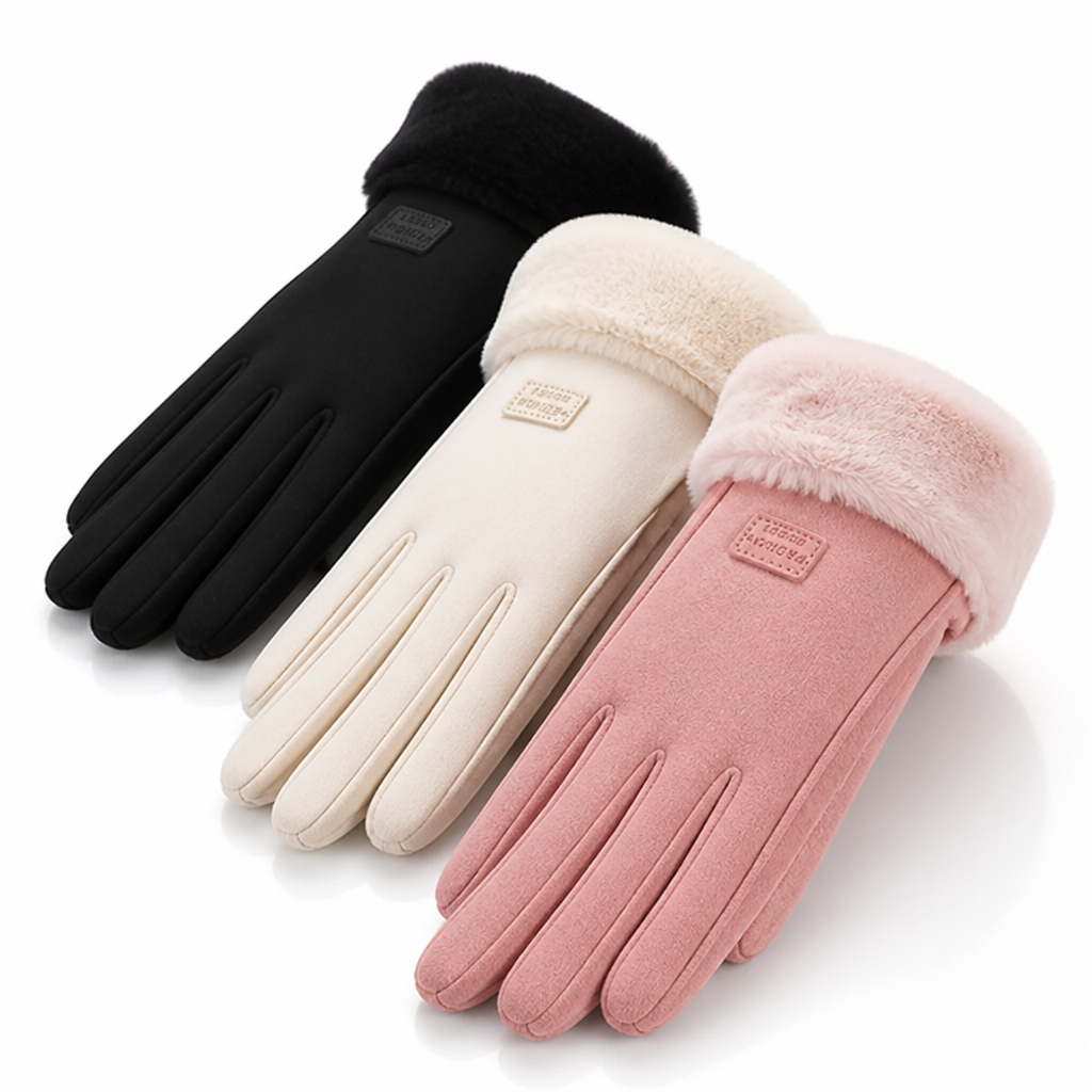 Close-up of fleece lining inside women's winter gloves