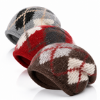 Side view of a knit earflap beanie with textured diamond detailing