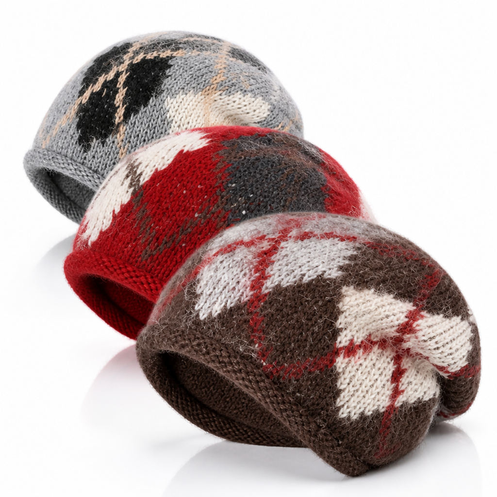Side view of a knit earflap beanie with textured diamond detailing