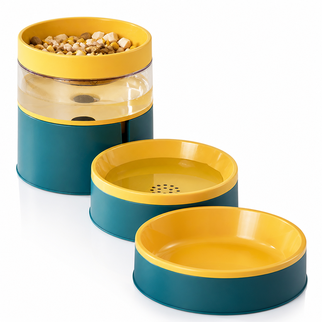 Double pet bowl with separate food and water compartments