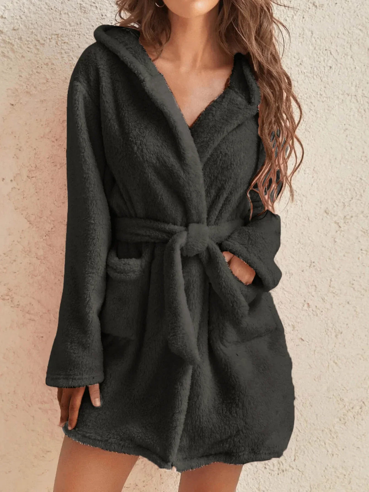 Hooded women's bathrobe with a soft, warm fleece texture