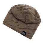 Folded fleece-lined knit hat showing its flexible design