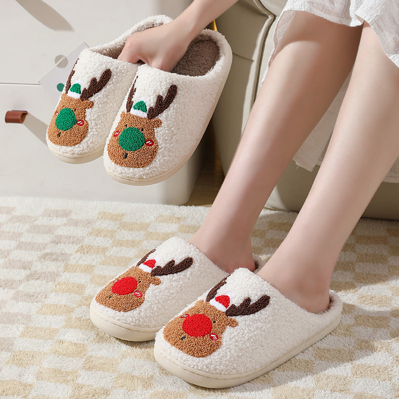 Festive Christmas elk slippers with plush lining and slip-on design