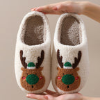 Close-up of plush fabric on Christmas elk slippers