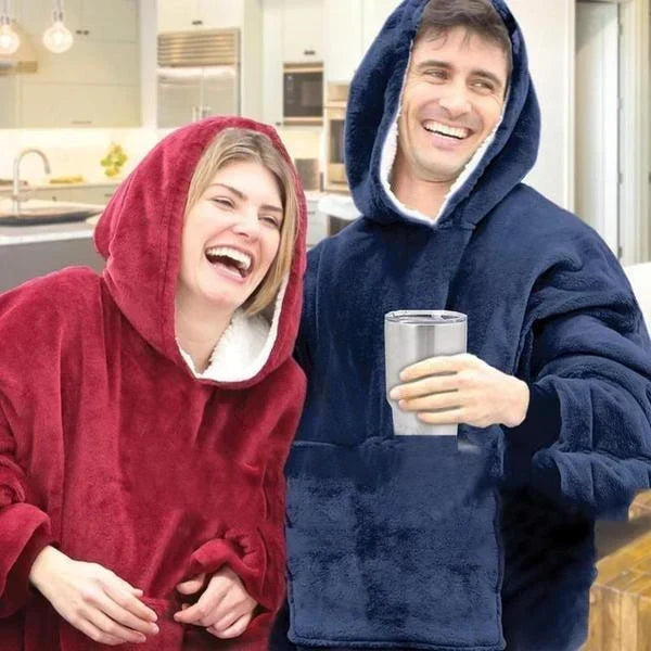 Fleece-lined hooded blanket garment shown in full