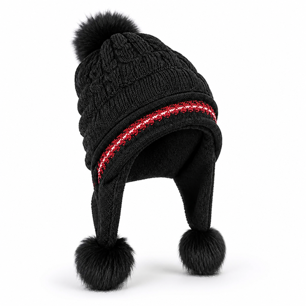 Women's Fleece-Lined Earflap Beanie With Pom-Pom