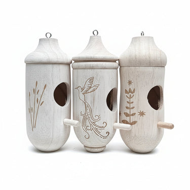 Hanging Birdhouse Set 3-Pack | Engraved Natural Wood | Integrated Metal Hanger | Garden & Balcony